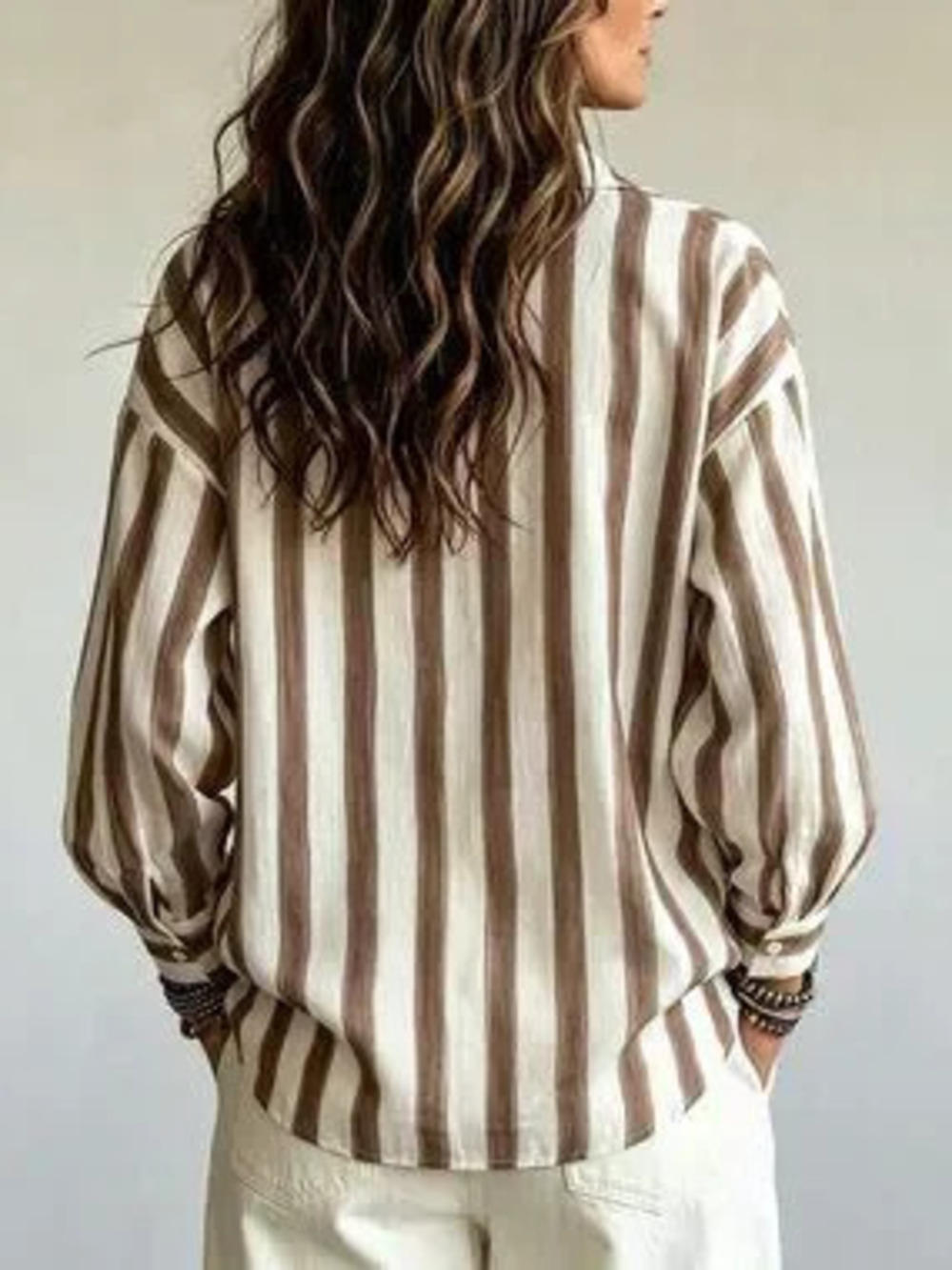 ZARA Brown Casual Women's Striped Button Front Oversized Long Sleeve Shirt
